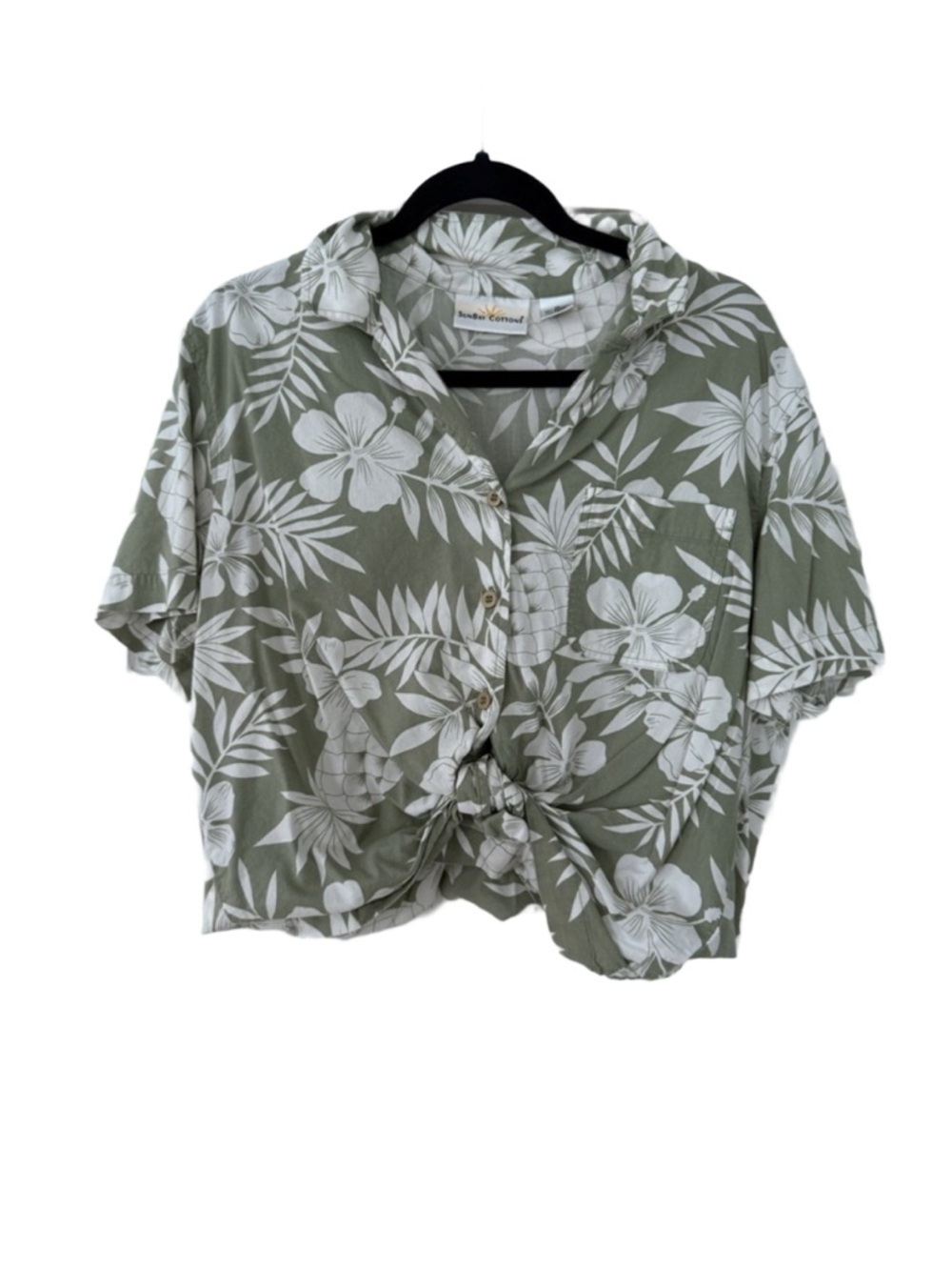 SunBay Cotton Green Floral Hawaiian Button-Down Shirt Size M